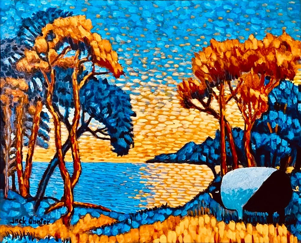 Golfe Juan with Pigs, inspired by Paul Signac, 30x24 egg tempera, $4200