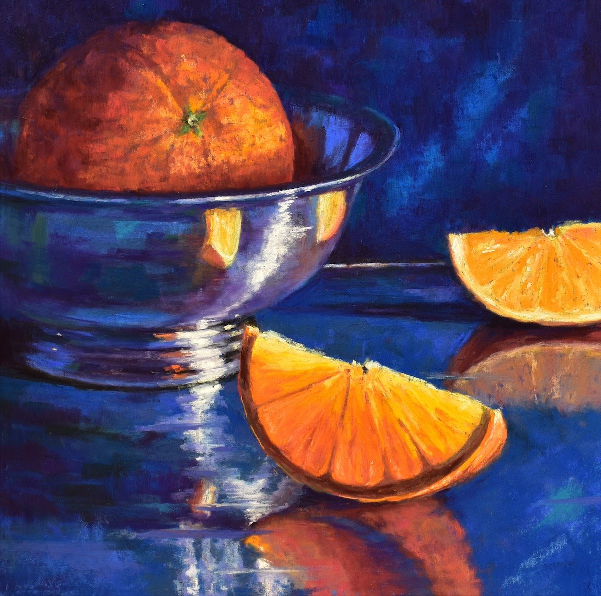 Oranges and Silver, 12" x 12" soft pastel, $600.