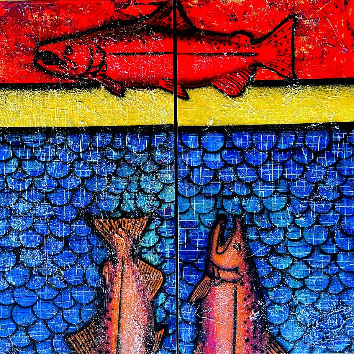Red and Bronze Diptych, 40x40 mixed media, $3800