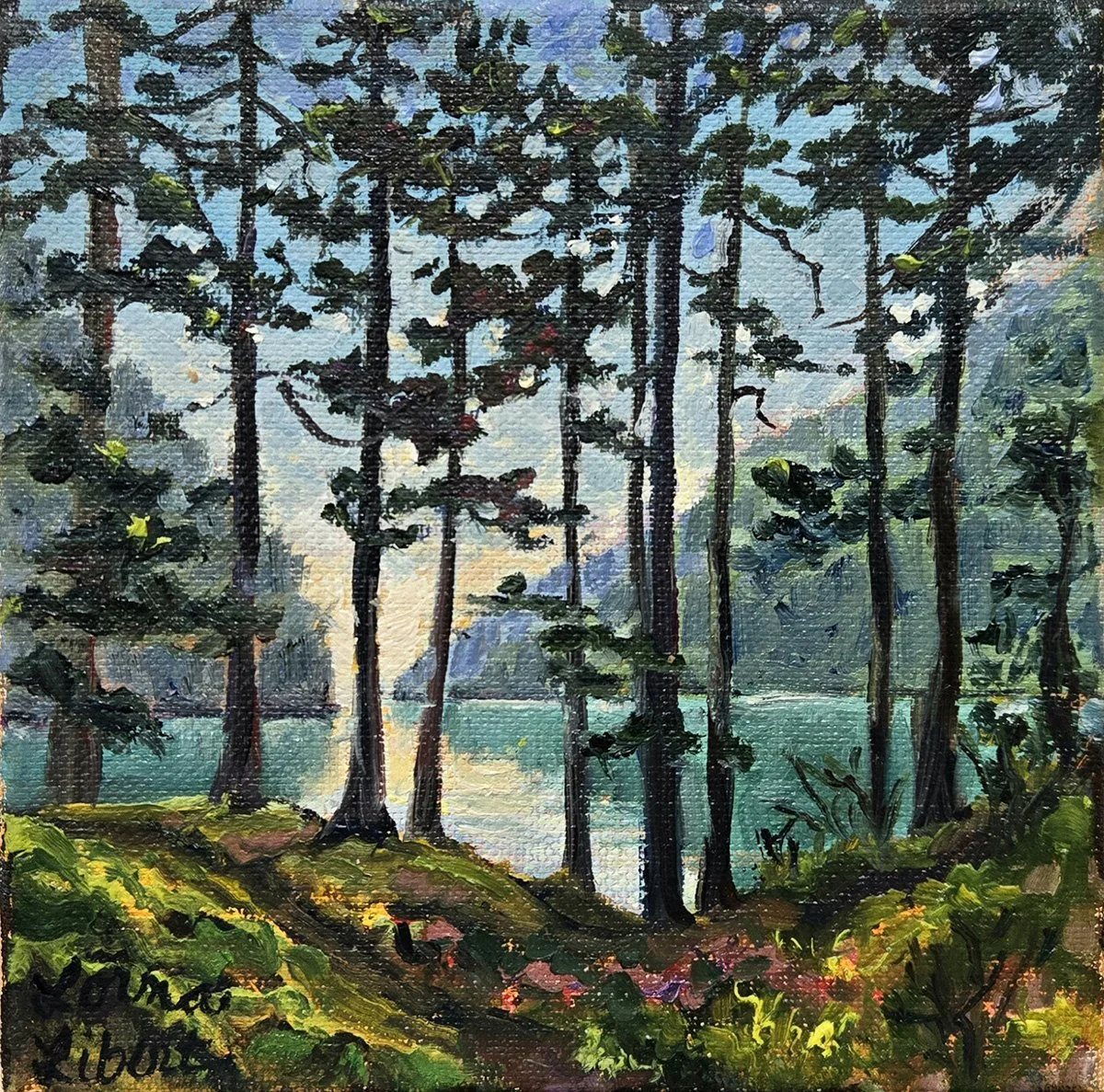 Through the Trees on Cypress, 6 x 6 oil, $275