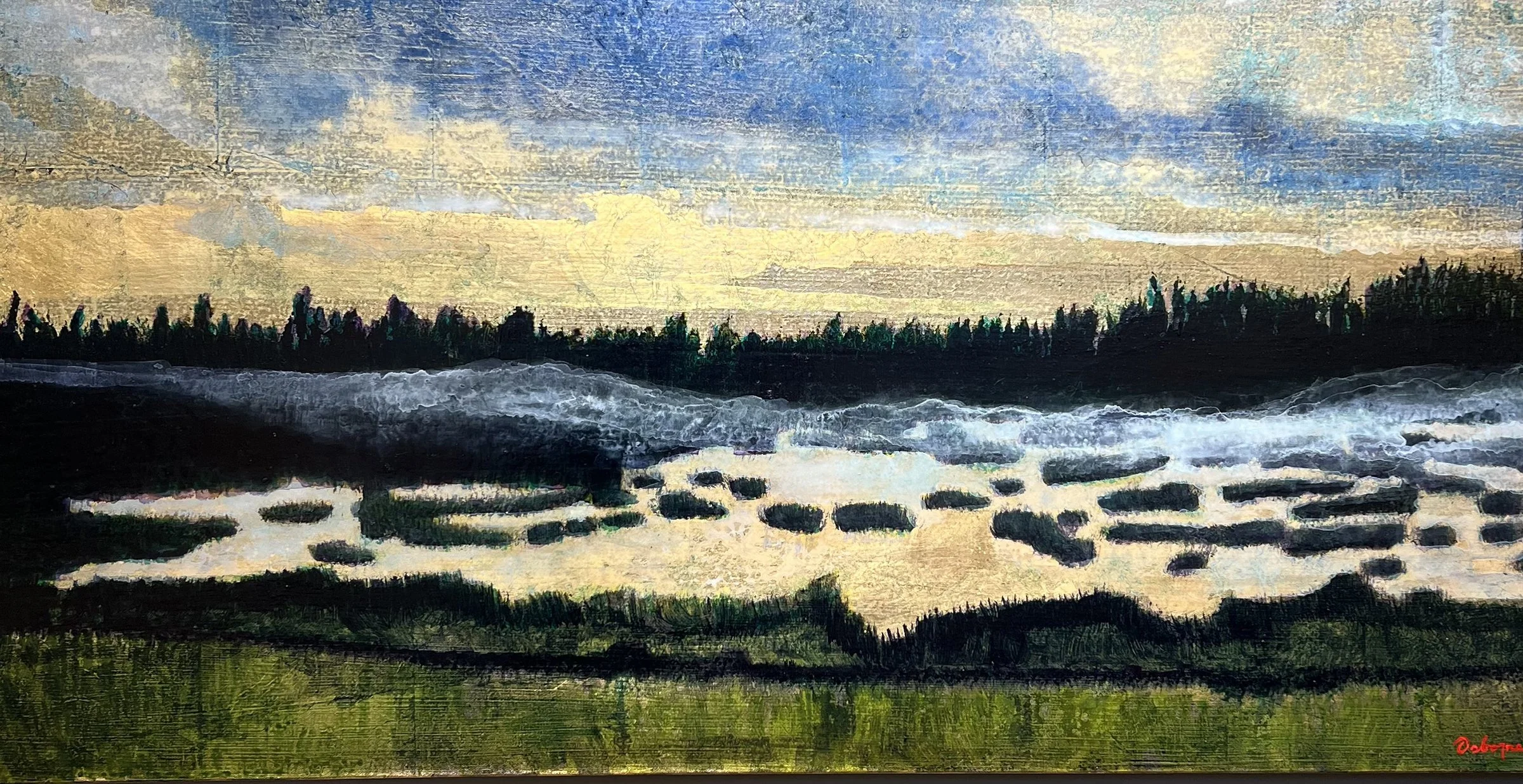 Mist Along Beaver Pond-Guemes Island Valley, 24x48 gold leaf and acrylic, $5900