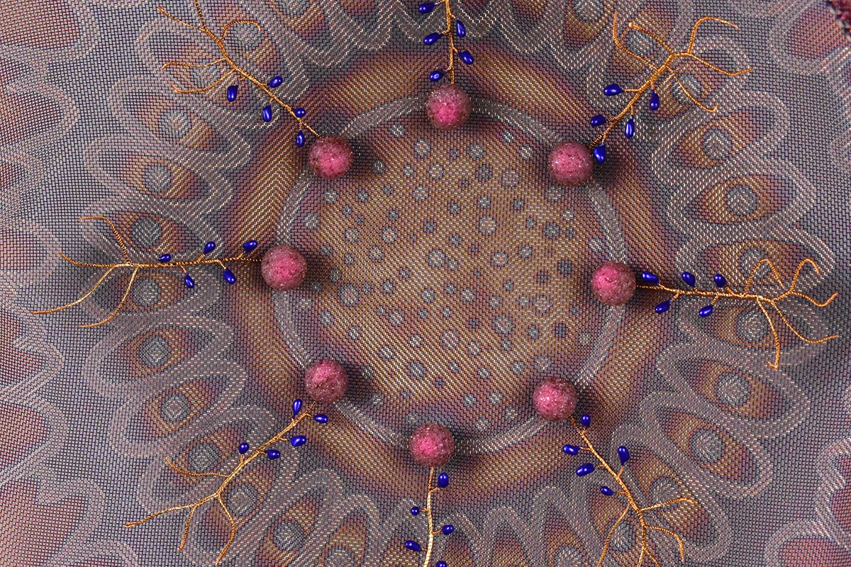 Violete Portalis (detail), Stainless steel mesh, wire, acrylic medium, glass frit, H17 x W16 x D6, $2,500