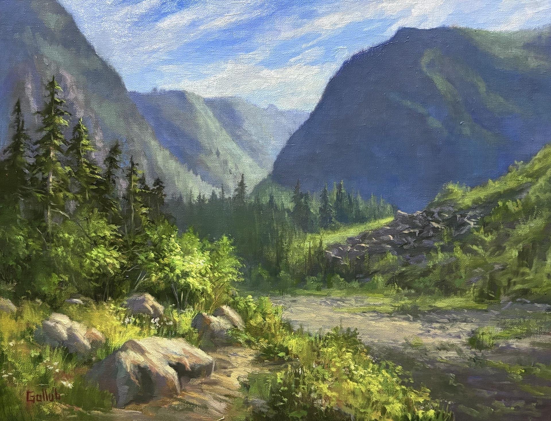 Frankie Gollub - View from Big Four Ice Caves; 11x14 oil, $950