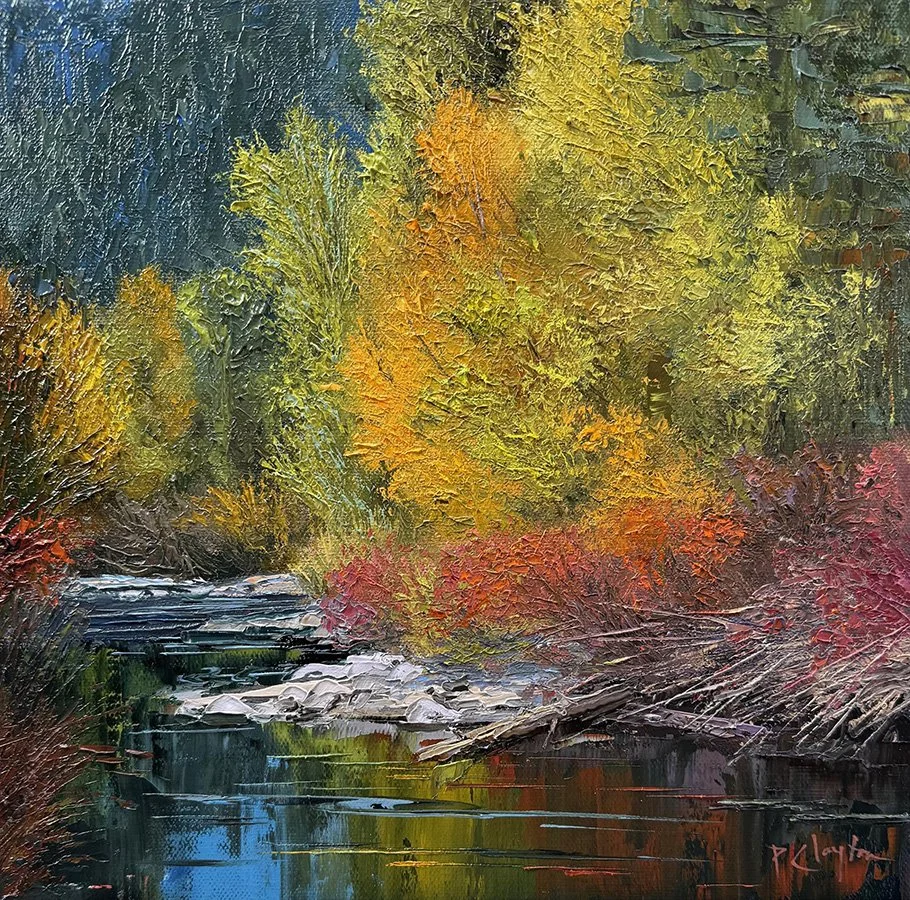 Pat Clayton; Autumn at the Creek, 12x12 oil, $1200