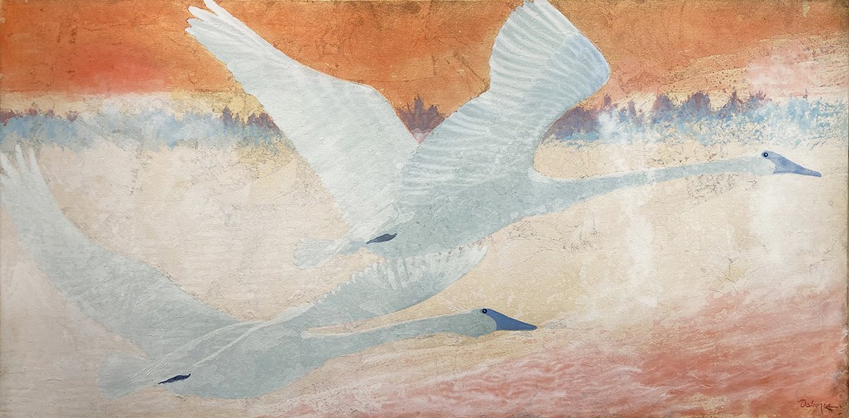 Two Swans A Flyin', 24x48 gold leaf and acrylic, $4700
