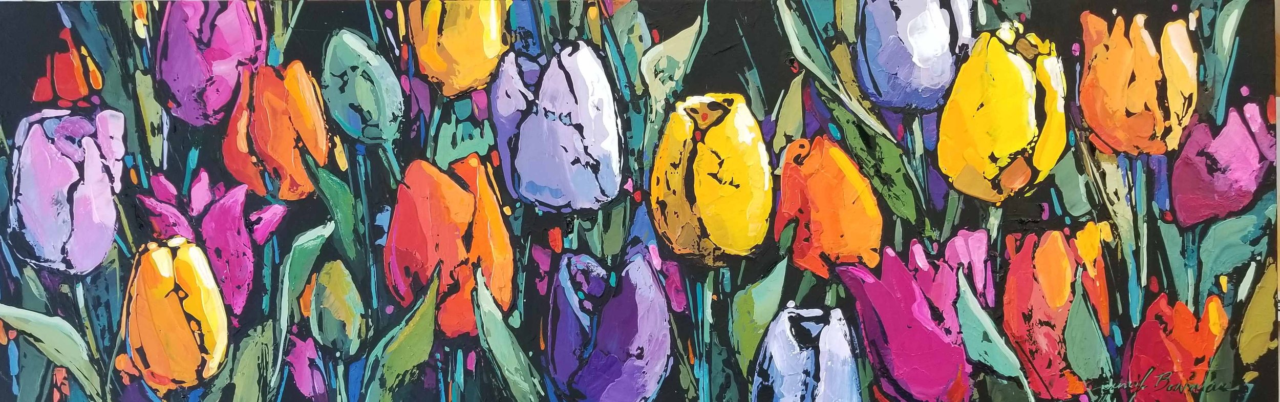 Tulips on Black, 12x36 acrylic, $975