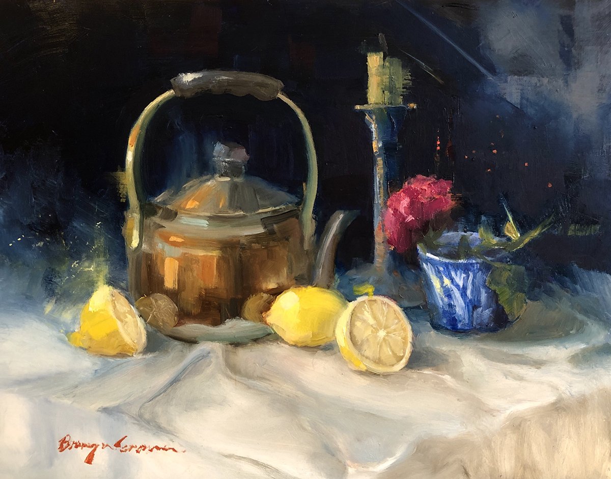Still Life with Kettle, 9x11.5 oil, $700