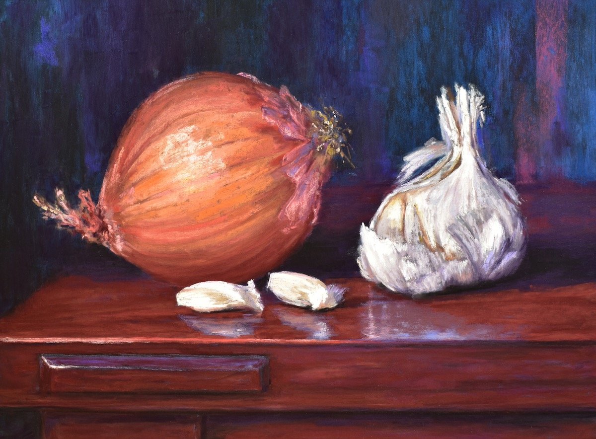 Onion and Garlic on Wood, 12" x 16" soft pastel, $750.