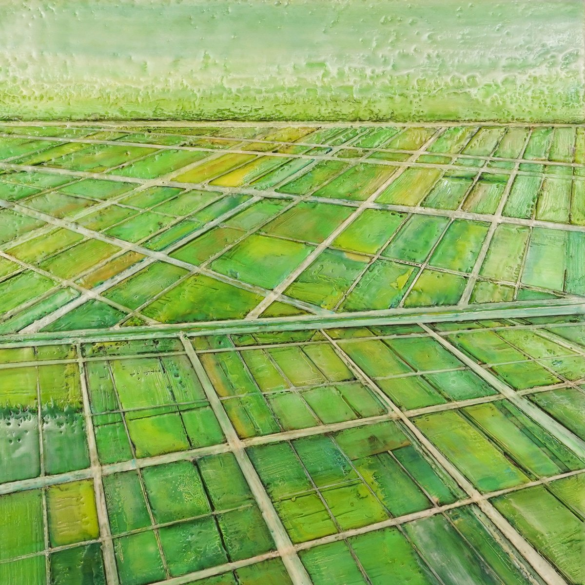 "(It's all) A Matter of Perspective", 18” x 18” x 1.5” Encaustic and Oil, $550