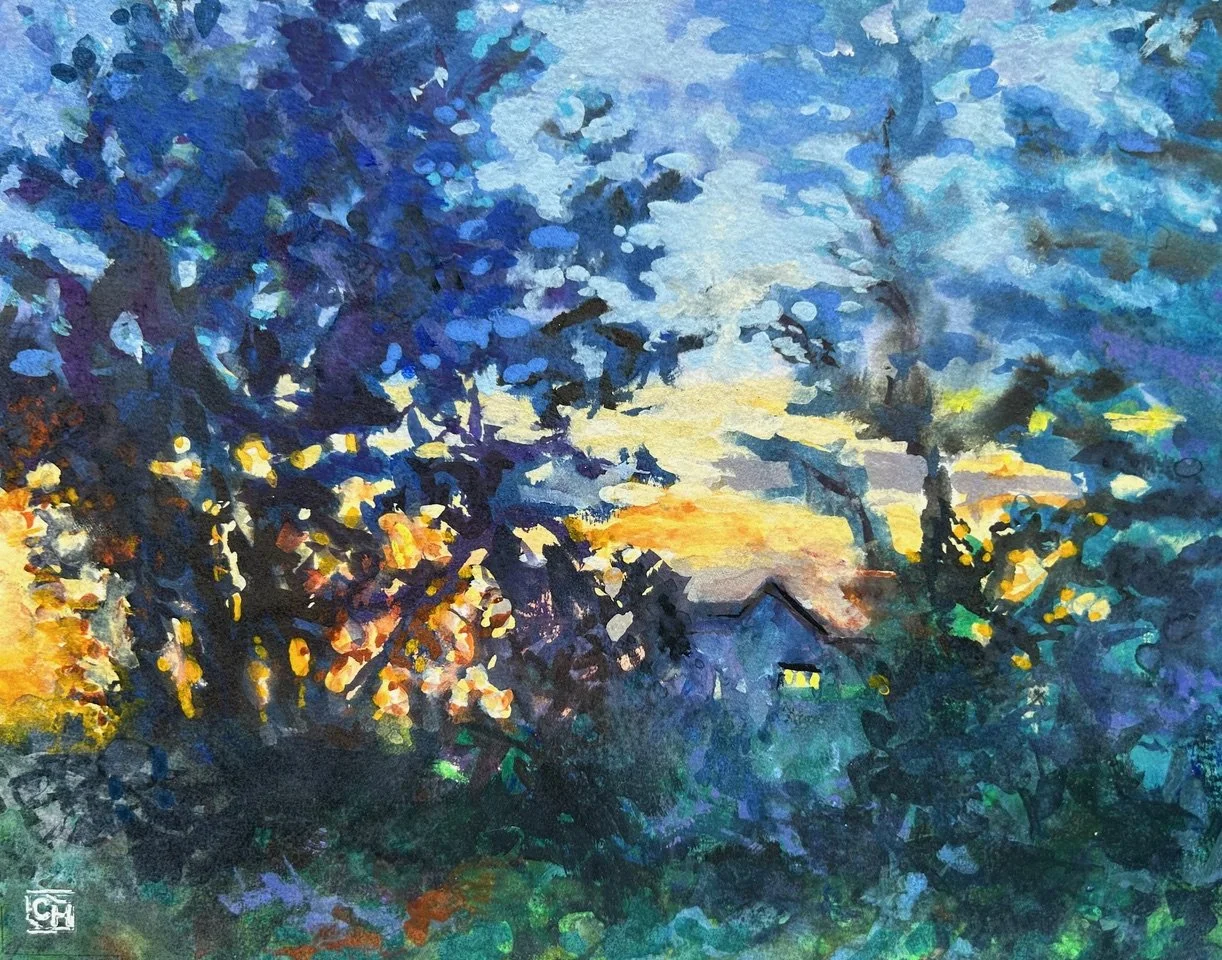 Night Drive on Laconner Whitney Road, 8x10 gouache, $400