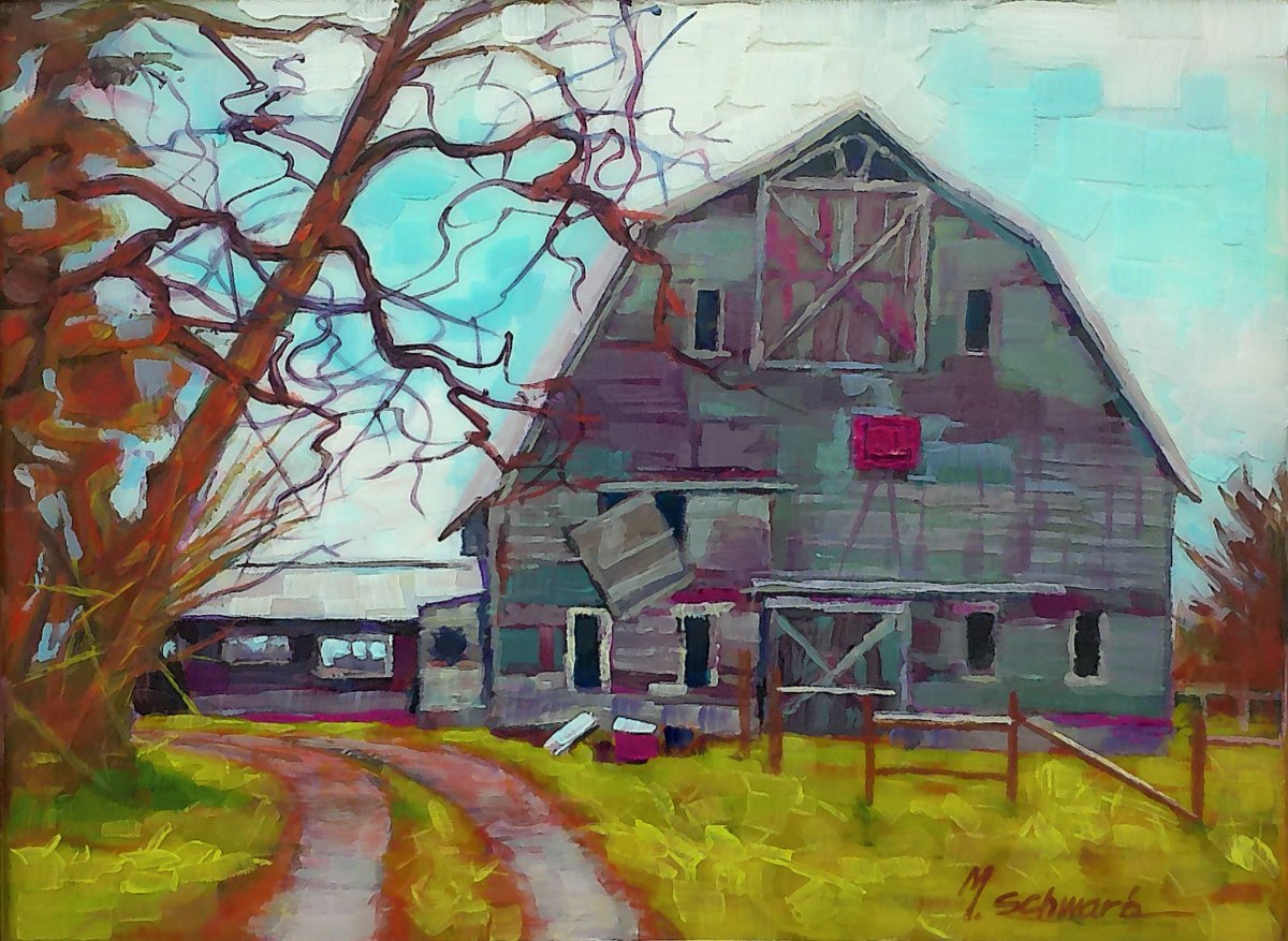 October Barn, 12x16 poured acrylic, $700