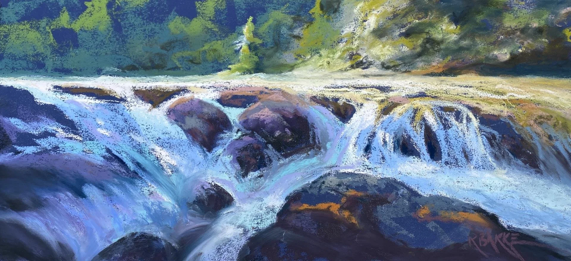 Karen Bakke; A Cooling Cascade, 7x16 soft pastel, $775