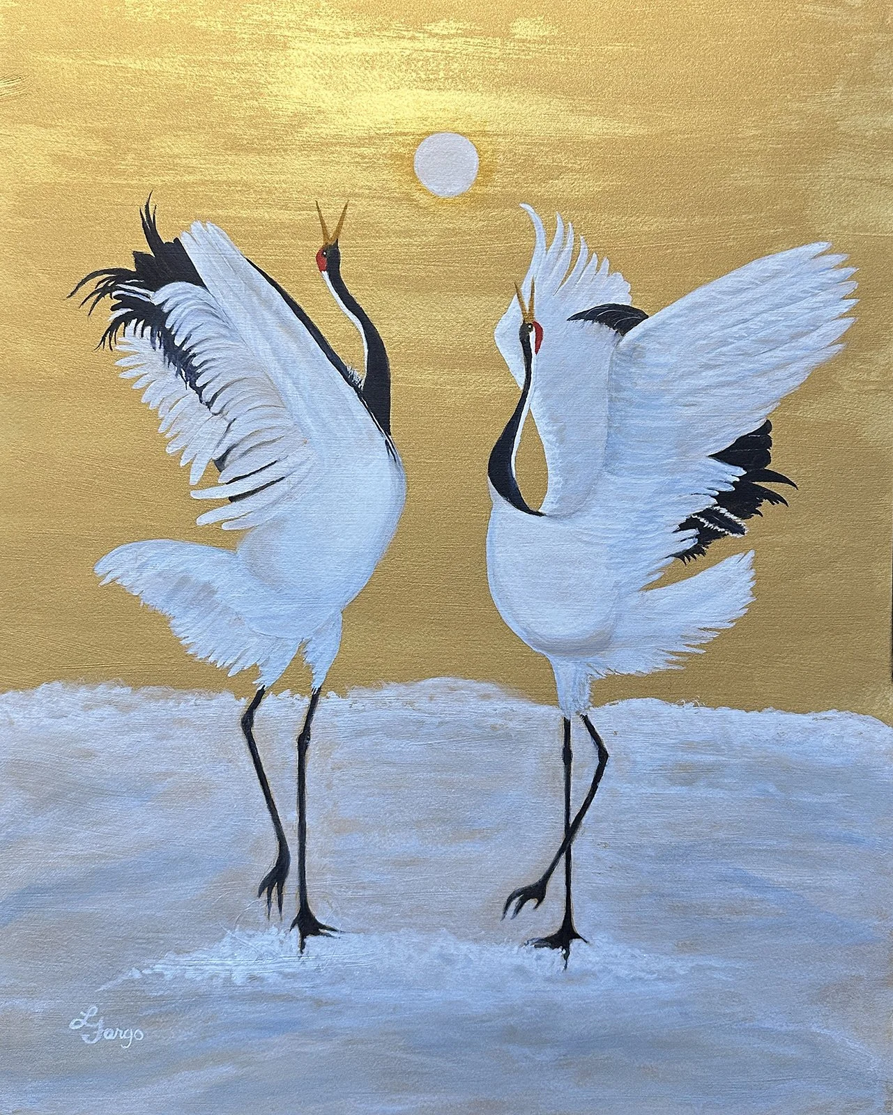 Lynn Fargo - Singing to the Sun, 20x16 watercolor on gold ground, $680