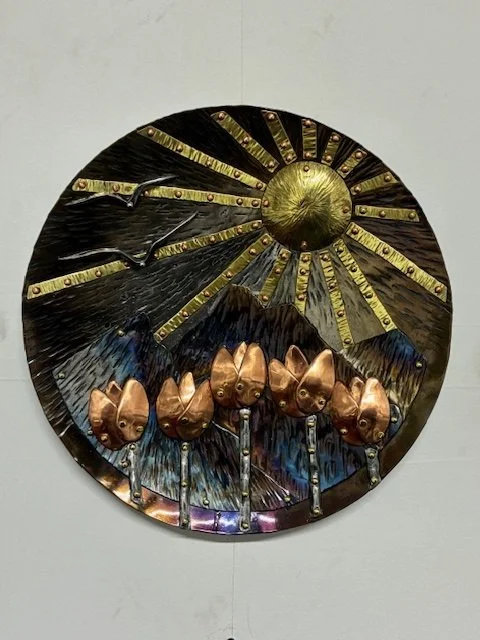 Morning Tulip Sunrise, 13.5” hand-forged Copper and Brass detail, $650