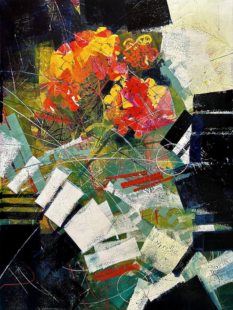 Picket Fence, 30x22 Oil ink (monoprint + painting) on 100% rag on cradled wood panel, $1650