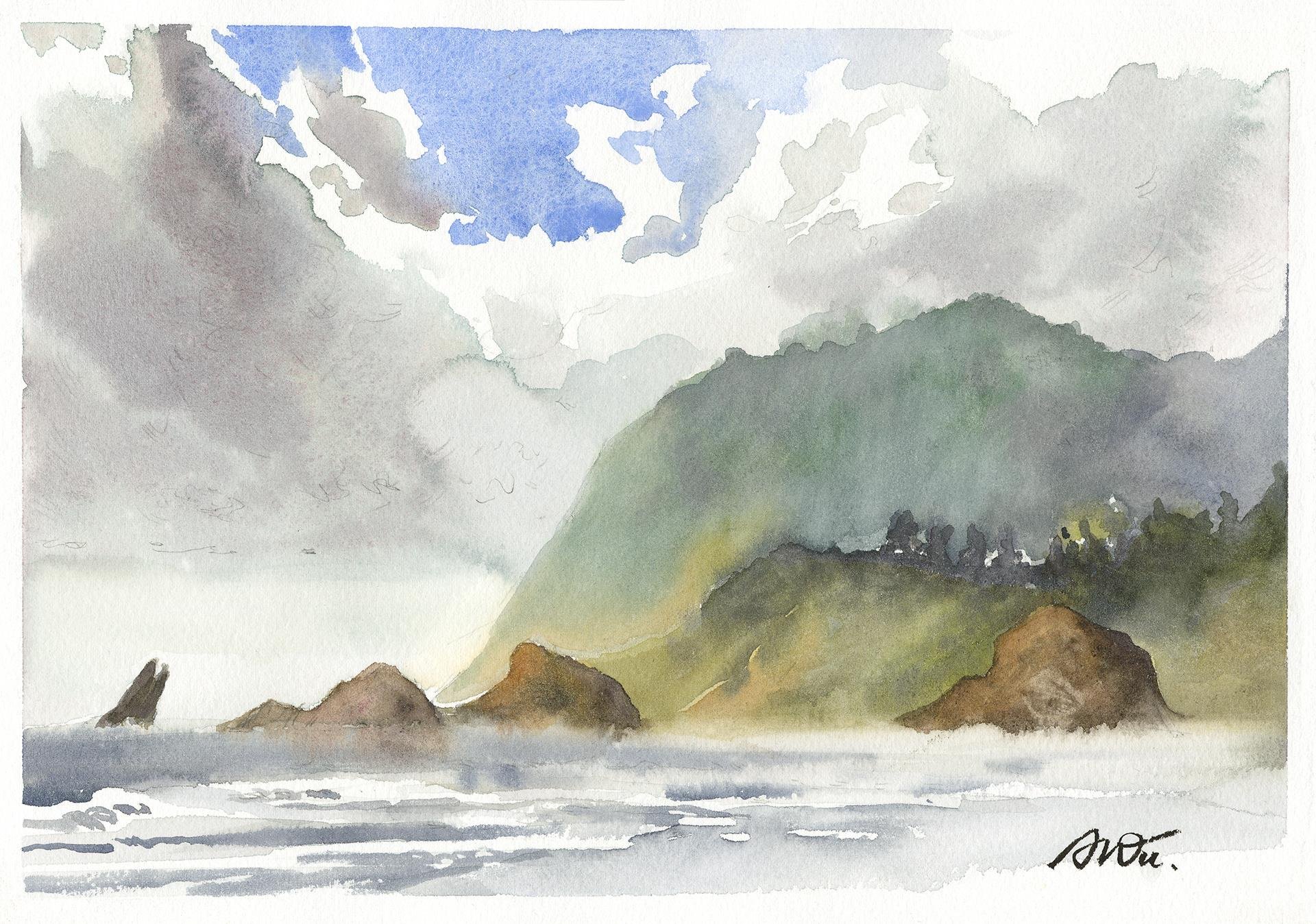 "Marine Layer at Ecola Point" by Alex Wu, 8x11 watercolor, $700