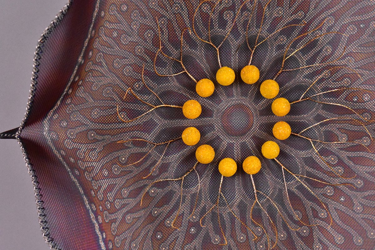 Sunburst at Dawn (detail), Stainless steel mesh, wire, acrylic medium, glass frit, H18.5 x W17.5 x D6, $2,700