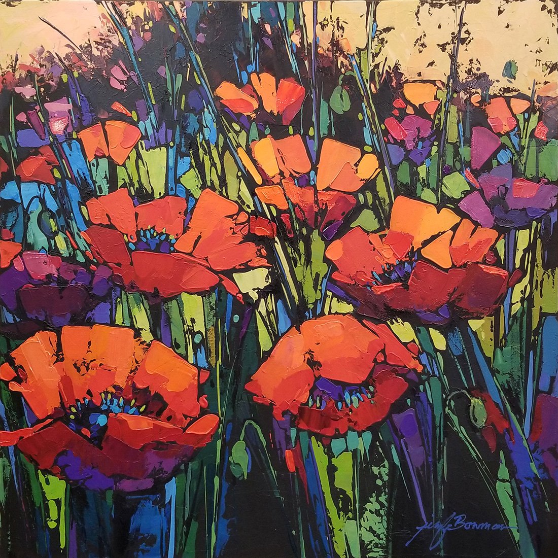 Poppies on Black, 30x30 acrylic, $1800
