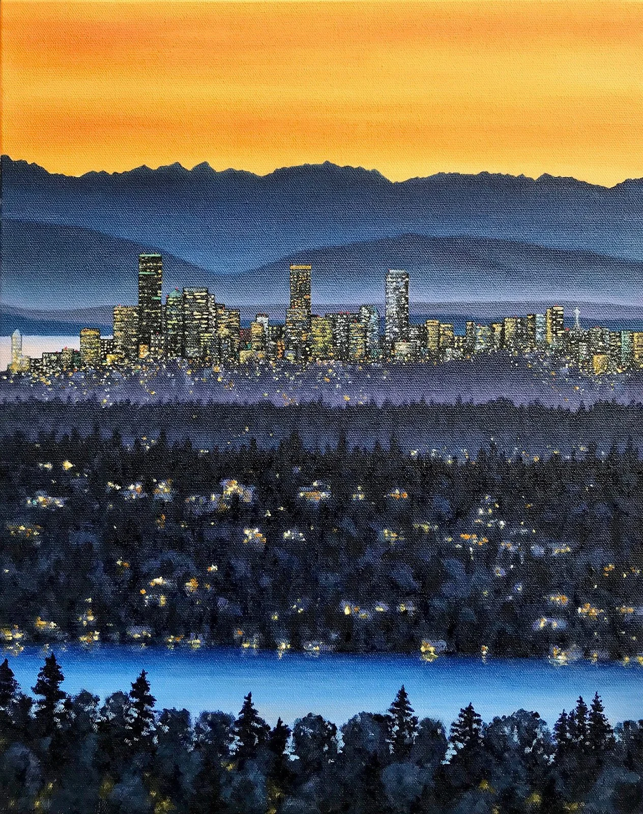 Kent Nordby - Night Lights, 20x16 oil, $500