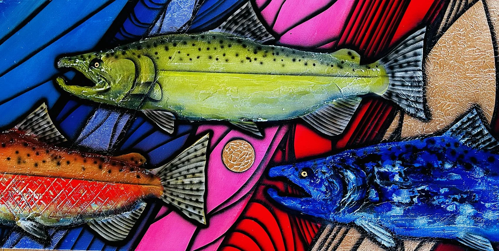 Three Salmon, 24x48 mixed media, $3500