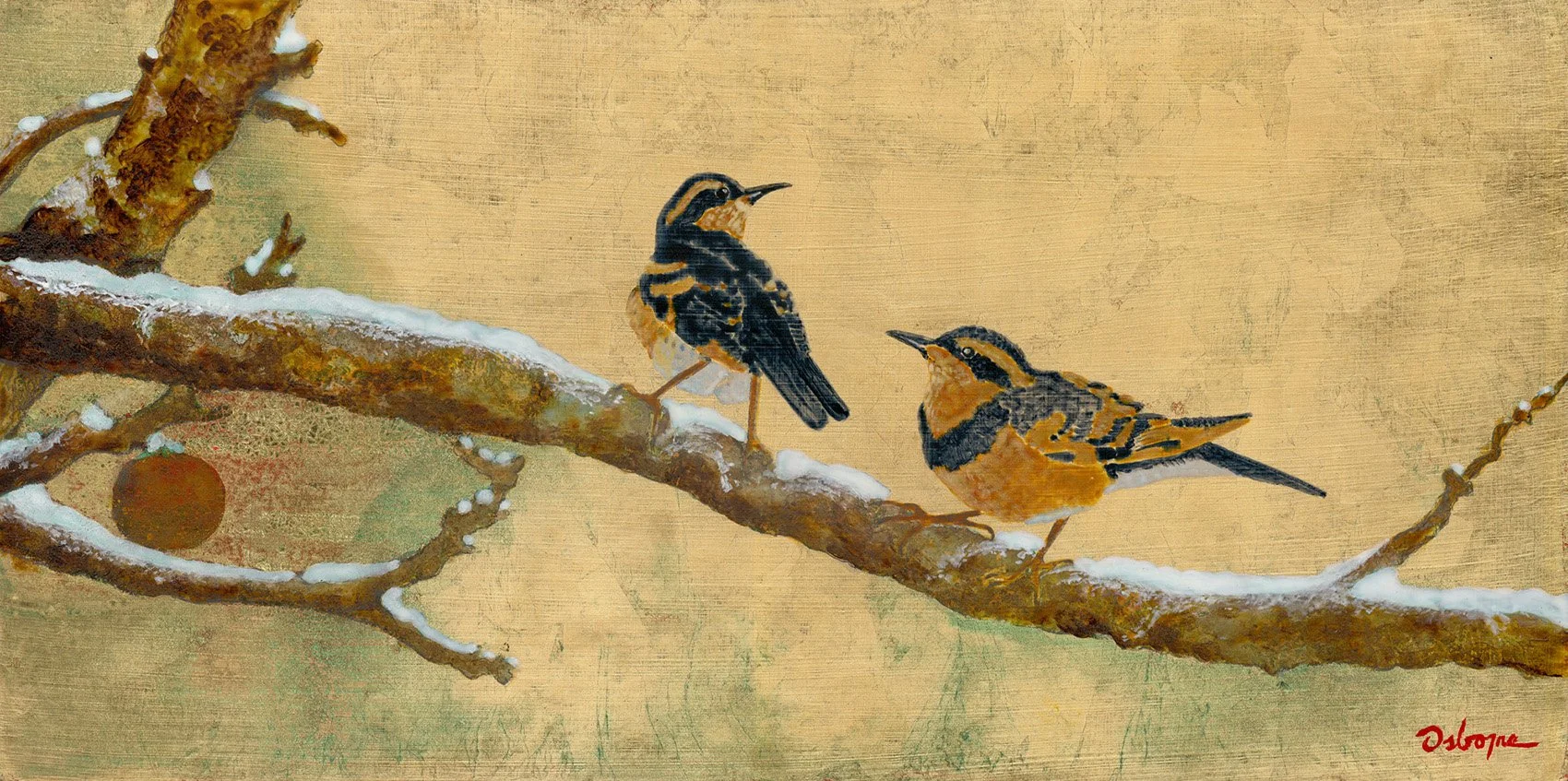 Winter's Grace, Varied Thrush, 20x32 Gold Leaf and Acrylic, $2900