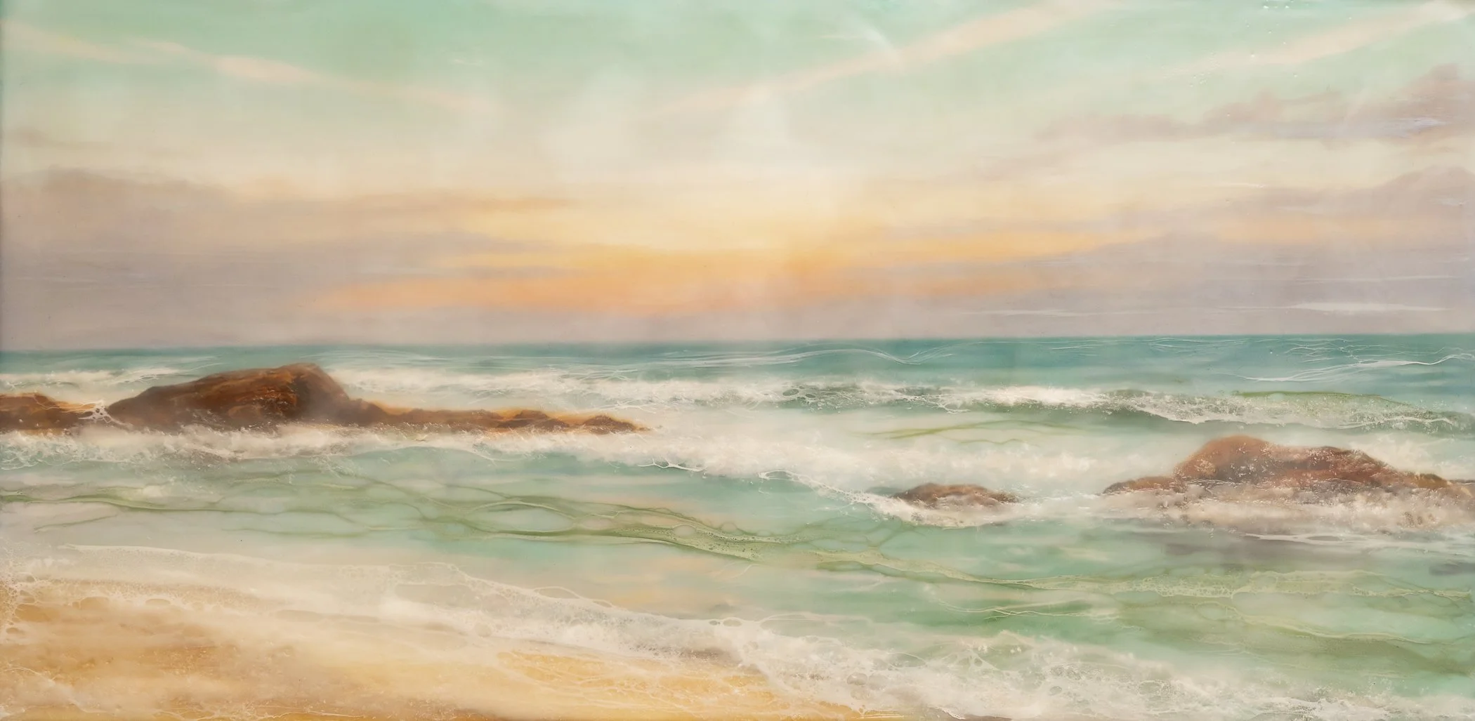 Gregg Goolsby - Sunset at High Tide, 12x24 encaustic, $500