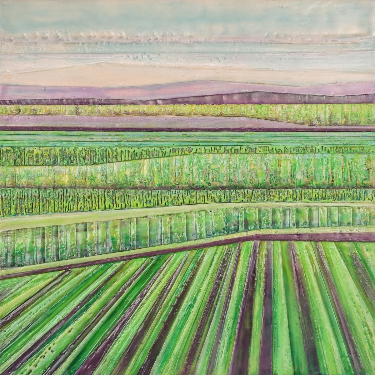 "Cadence of Landscape" 18” x 18” x 1.5” Encaustic and Oil $550