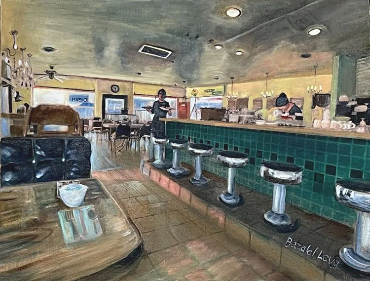 Bezalel Levy - Opening Time at the Stanwood Cafe, 17.5 x 22.5 acrylic, $2000