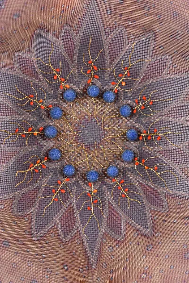 Blue Corolla (detail), Stainless steel mesh, wire, acrylic medium, glass frit, H18 x W17.5 x D6, $2,700 SOLD