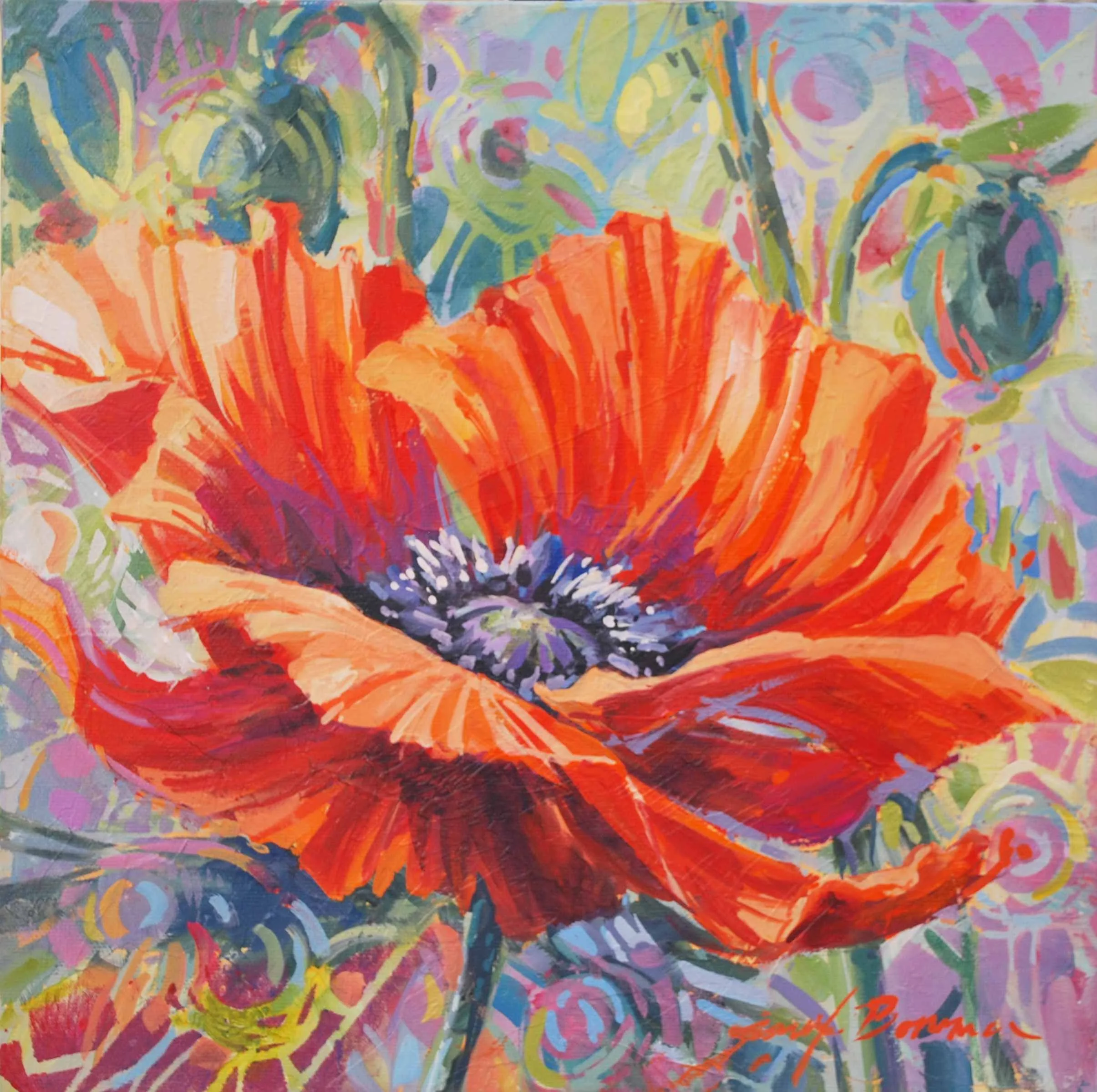 Poppy Sentinel, 12x12 acrylic, $325