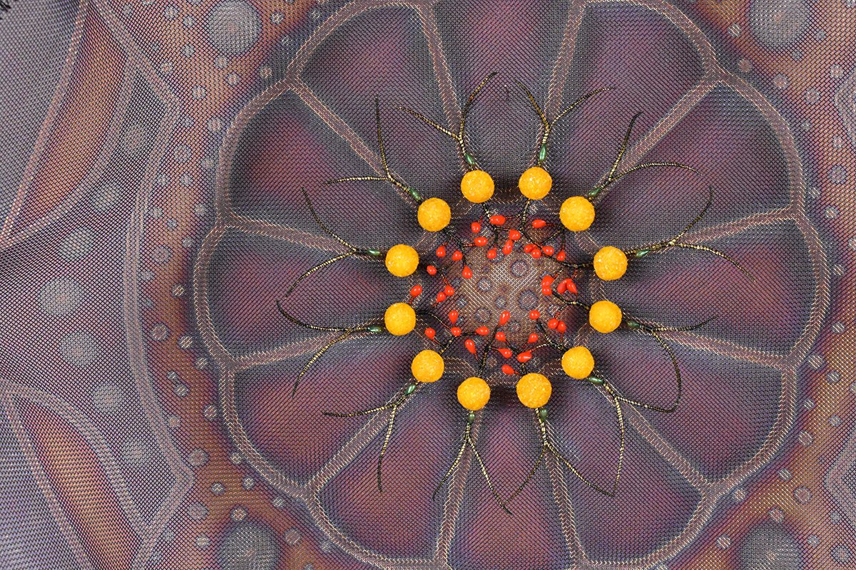 Asta Mécanique (detail), Stainless steel mesh, wire, acrylic medium, glass frit, H18 x W18 x D4.5, $2,700