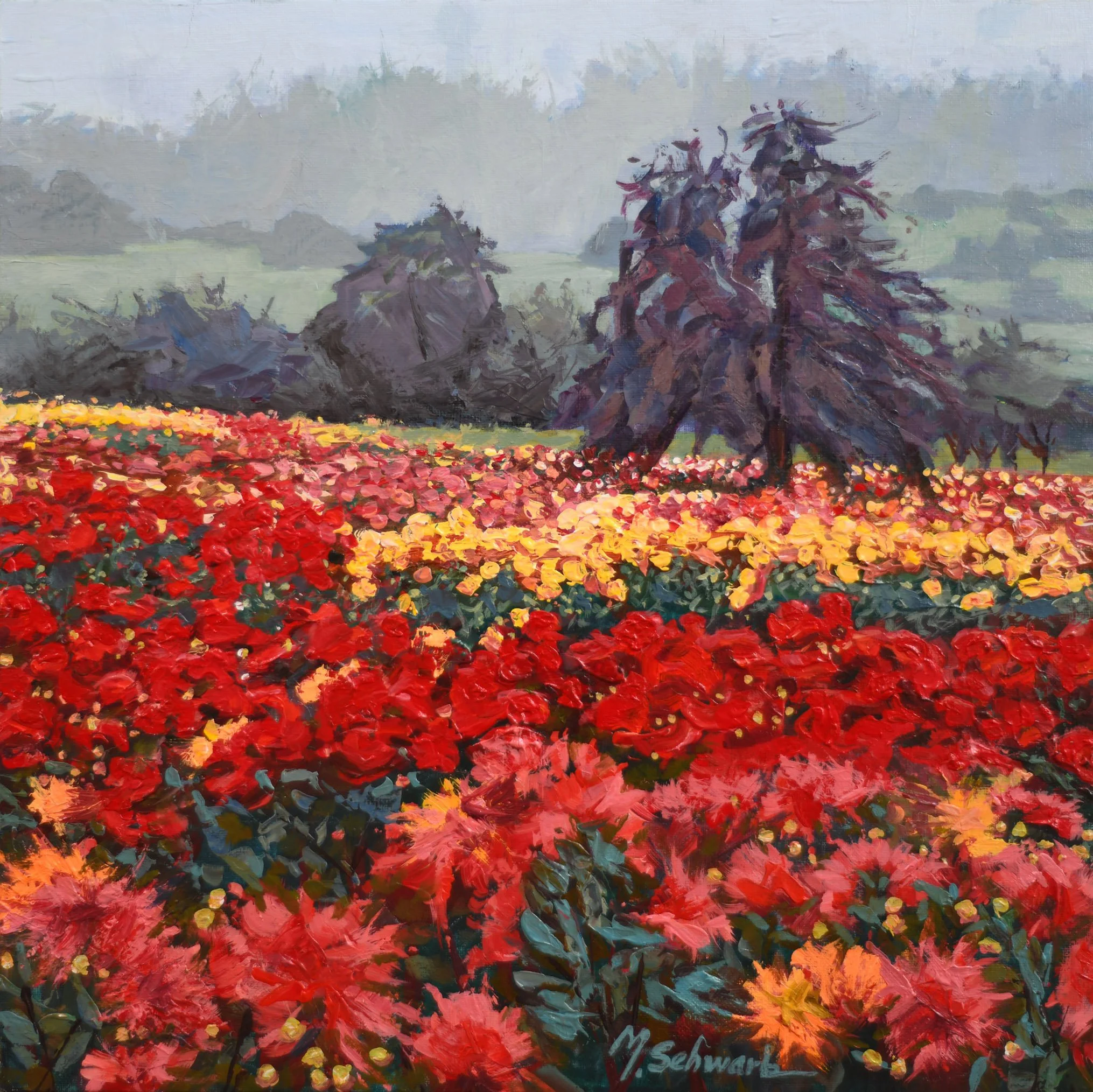 Dahlias in the Mist, 18x18 acrylic, $800
