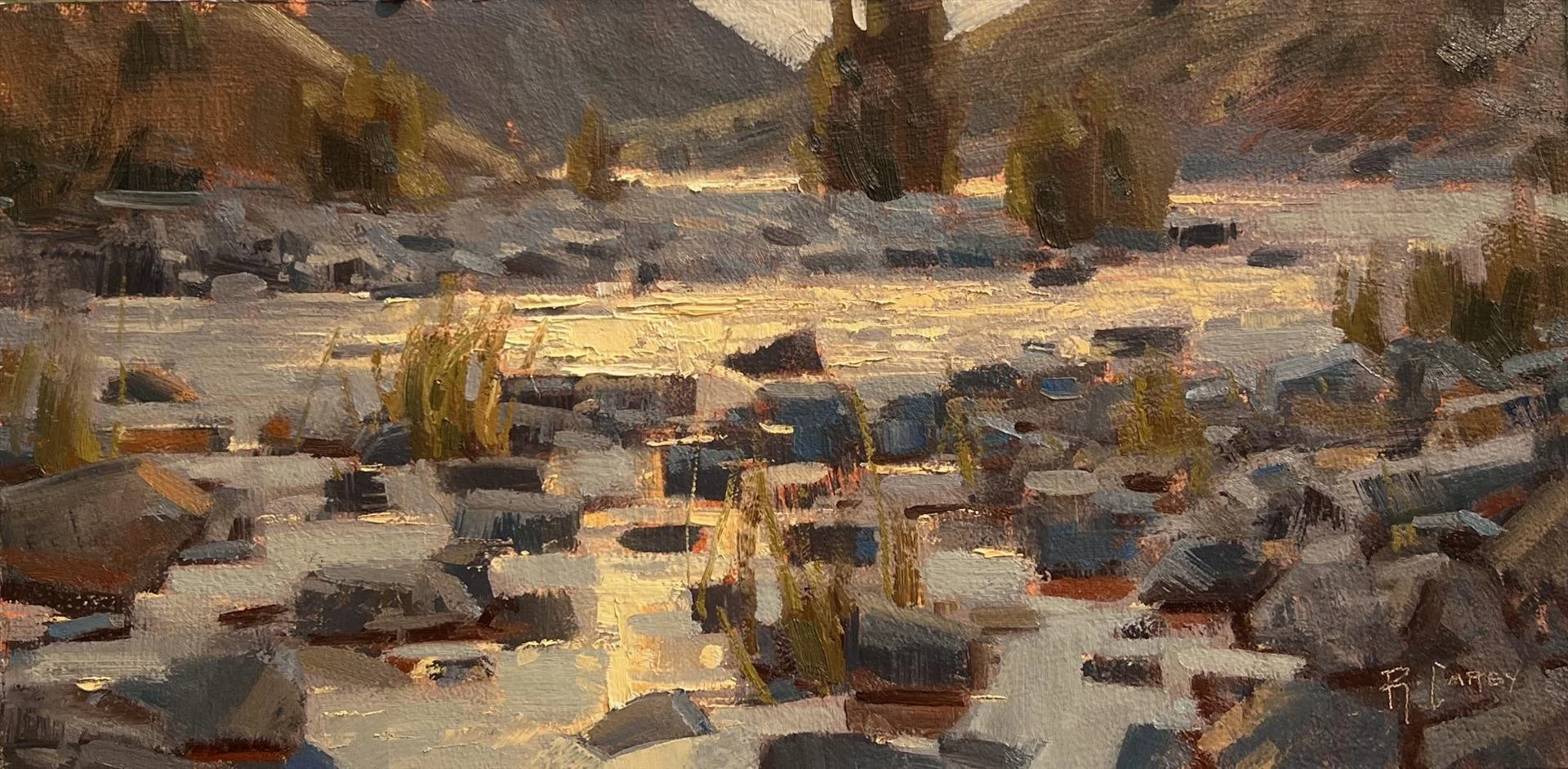 Rowan Carey; Hazy River Morning, 8x16 oil, $625