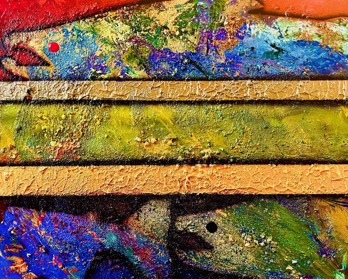 Three Salmon (red), 16x18 mixed media, $400