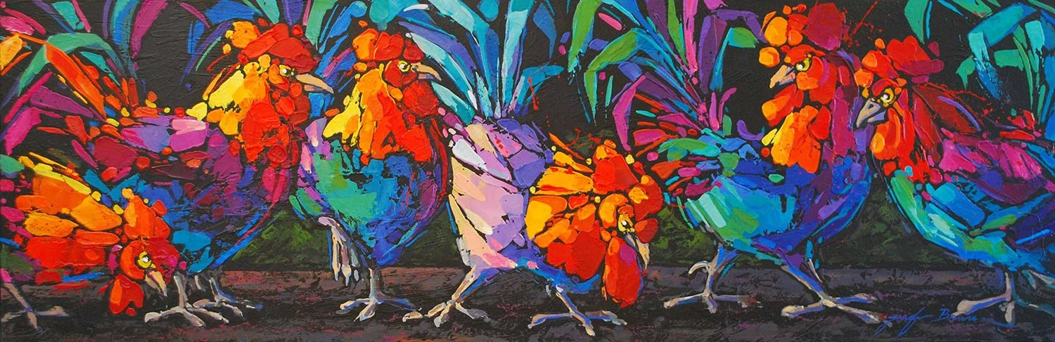 Rockin' Roosters, 12x36 acrylic, $750 SOLD