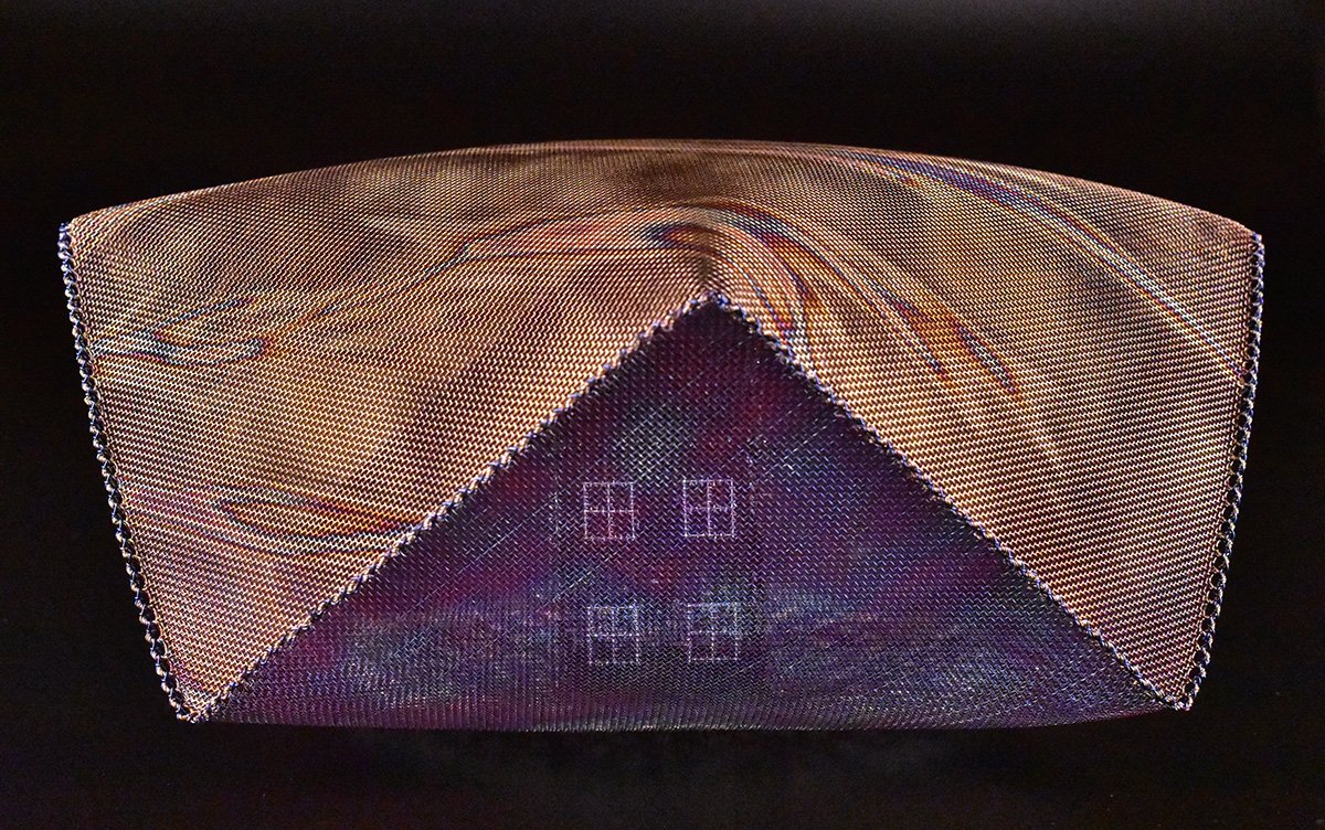 Two Squares with house and Night Sky, stainless steel and black aluminum mesh, wire (5x12.5x12.5) $750