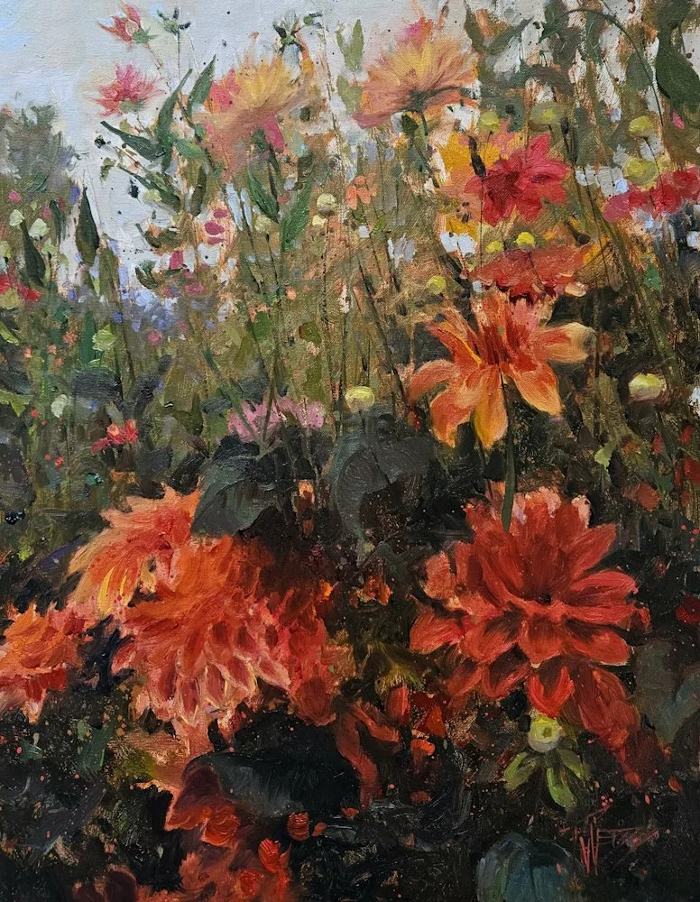 Dahlia Patch, 18x14 oil by Robin Weiss