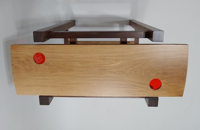 "Oak and Orange" Hall Table - Salvaged English Brown Oak/American Black Walnut/Orange Stained Glass; 25-1/2"W; $1800