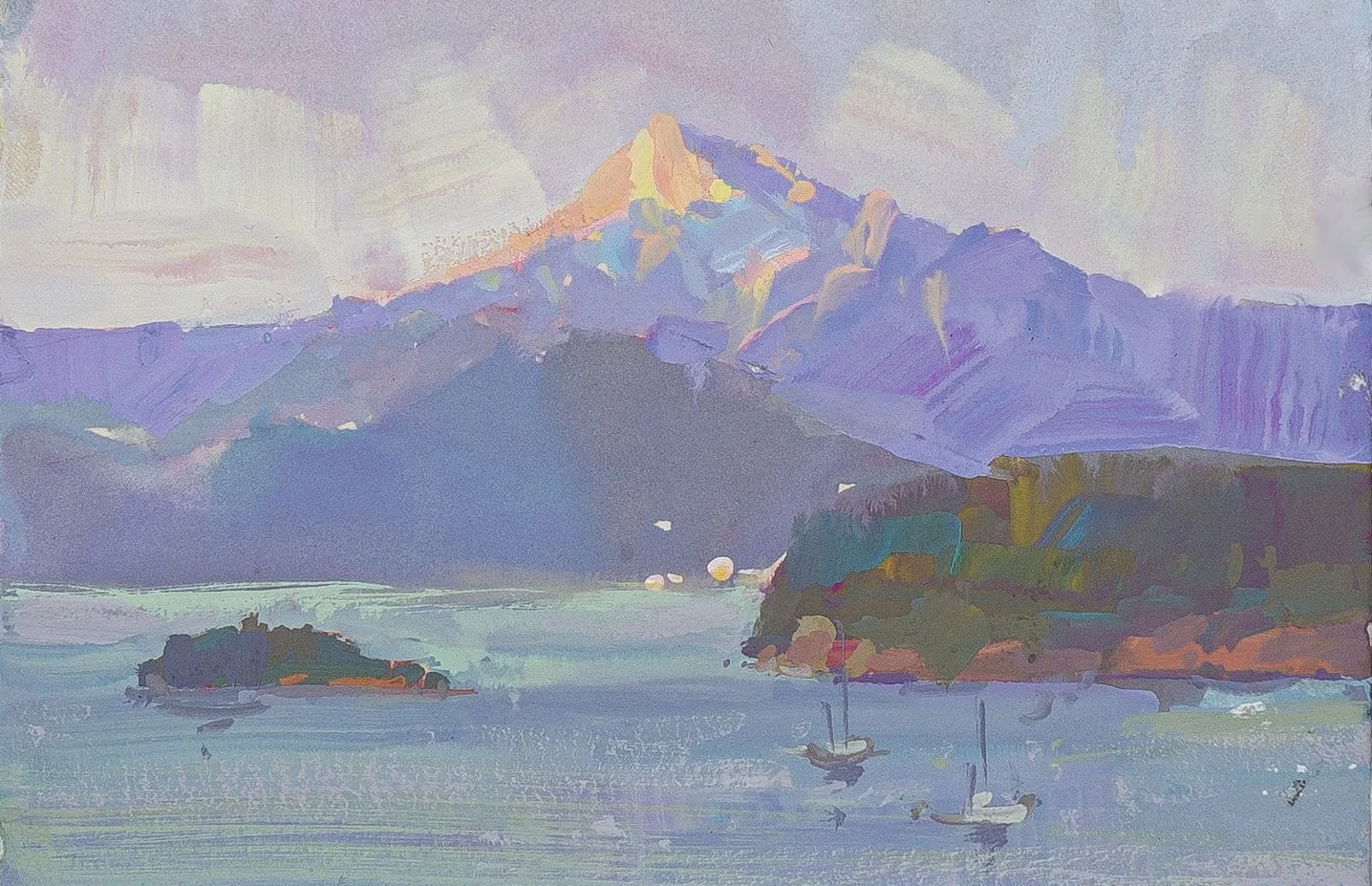 Last Light on Mt Baker, 4x6 Gouache, $750