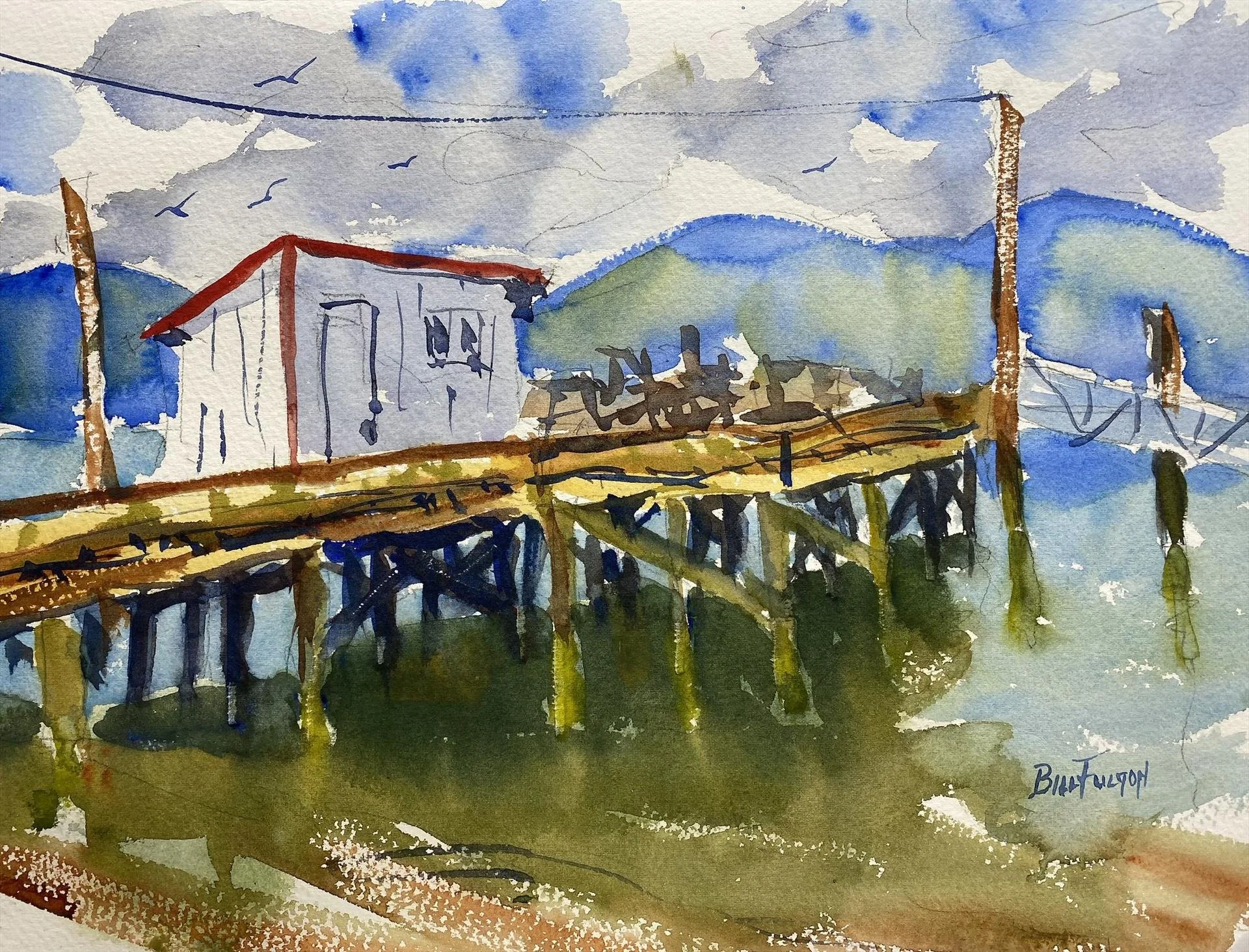 Bill Fulton - The dock at South Bend, WA; 10x14 watercolor, $450
