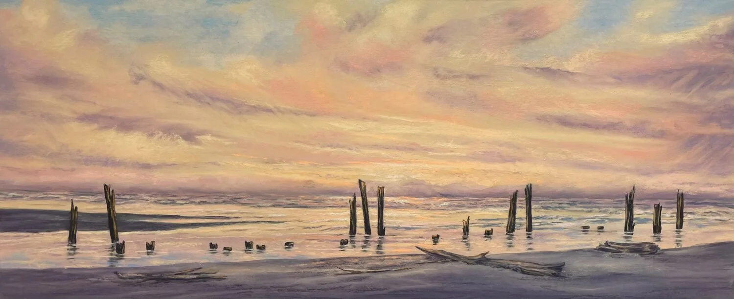 Joan Brewster - Joe Creek Evening; 14 x 28 pastel, $600