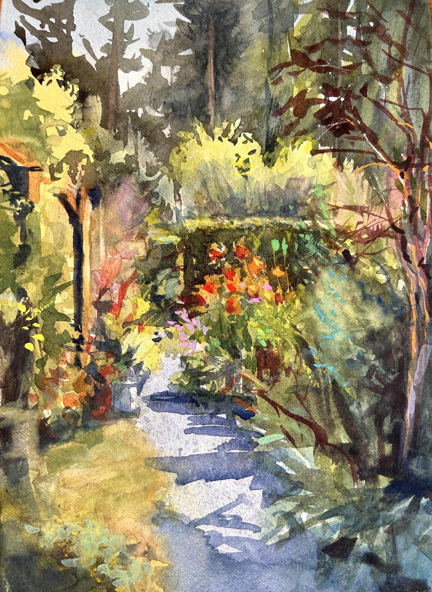 "Garden, Late Afternoon" by Charlene Hall, 7x10 watercolor, $450