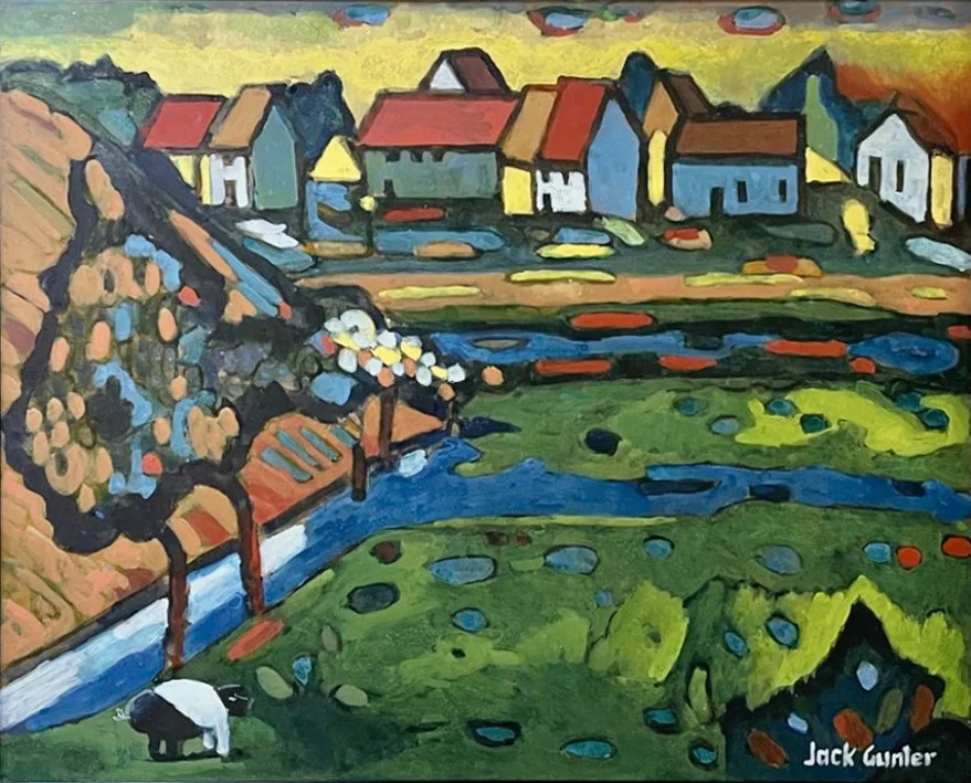Bayerisches Dorf mit Field with Pigs, inspired by Wassili Kandinski, 24x30 egg tempera, $3800