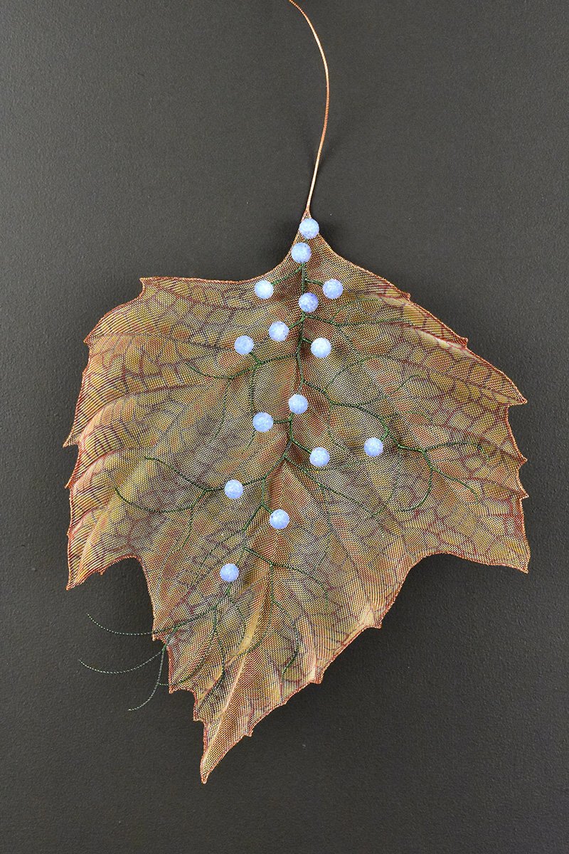Blue Cluster on Leaf, Copper mesh, glass frit, wire (23.5x14x4) $1,500