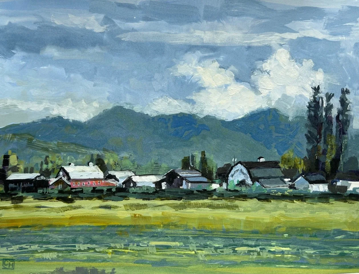 Farm and Mountains, 9x12 gouache, $475