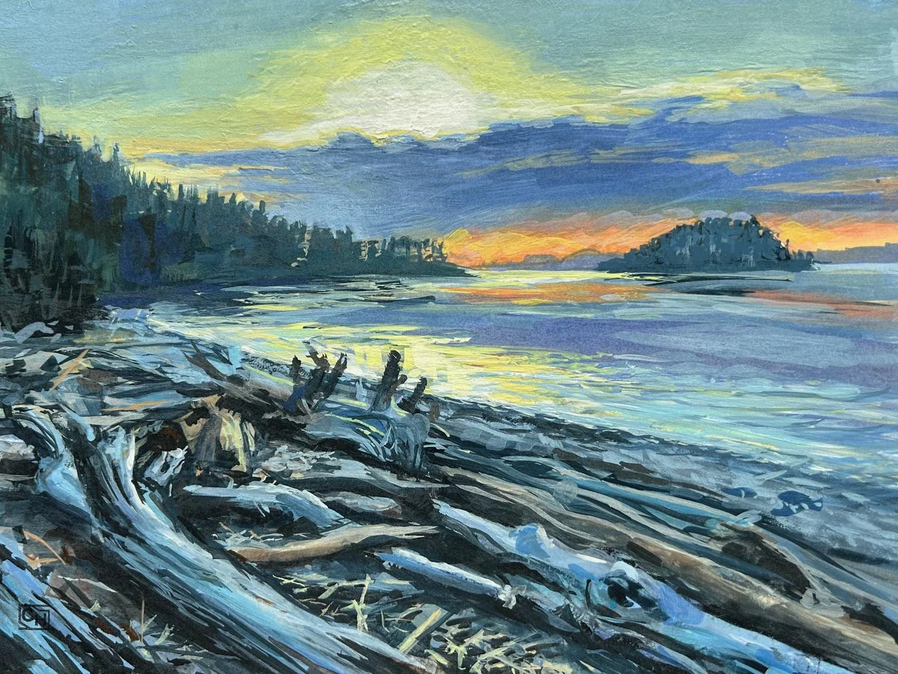 Sunset on North Beach,  9x12 gouache, $500