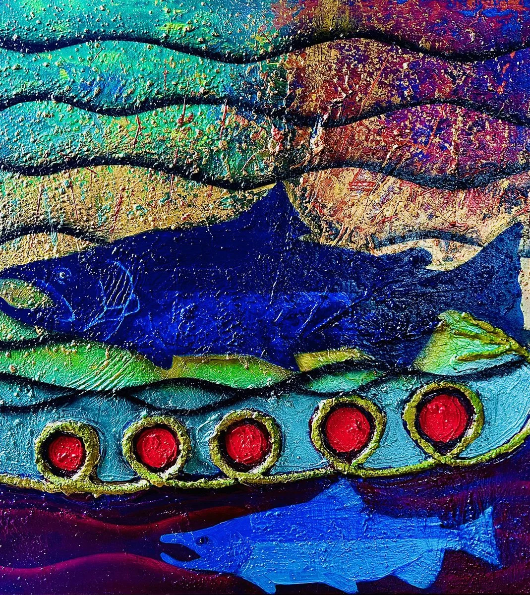 Rodeo Salmon, 40x40 mixed media, $3600