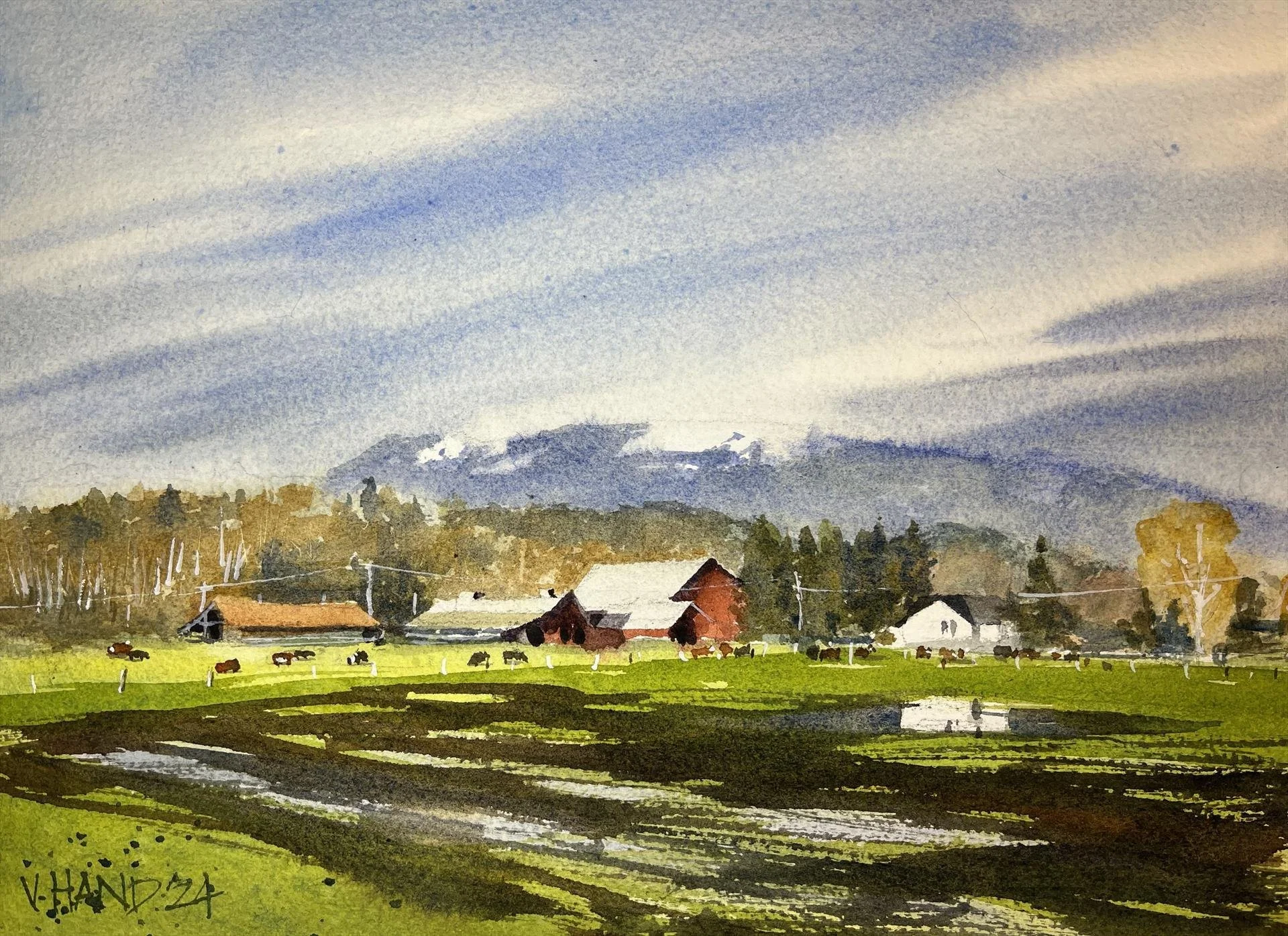 Virginia Hand - Spring Reflection; 9x12 watercolor, $650