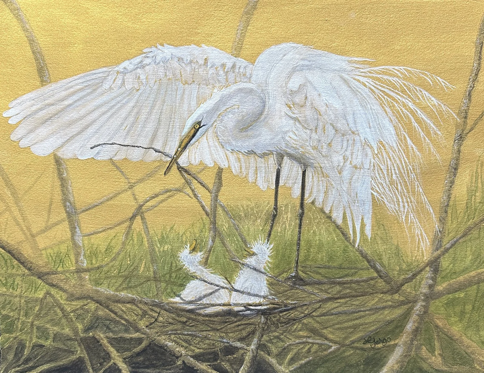 Lynn Fargo - Crane Family, 12x16 watercolor on gold ground, $400