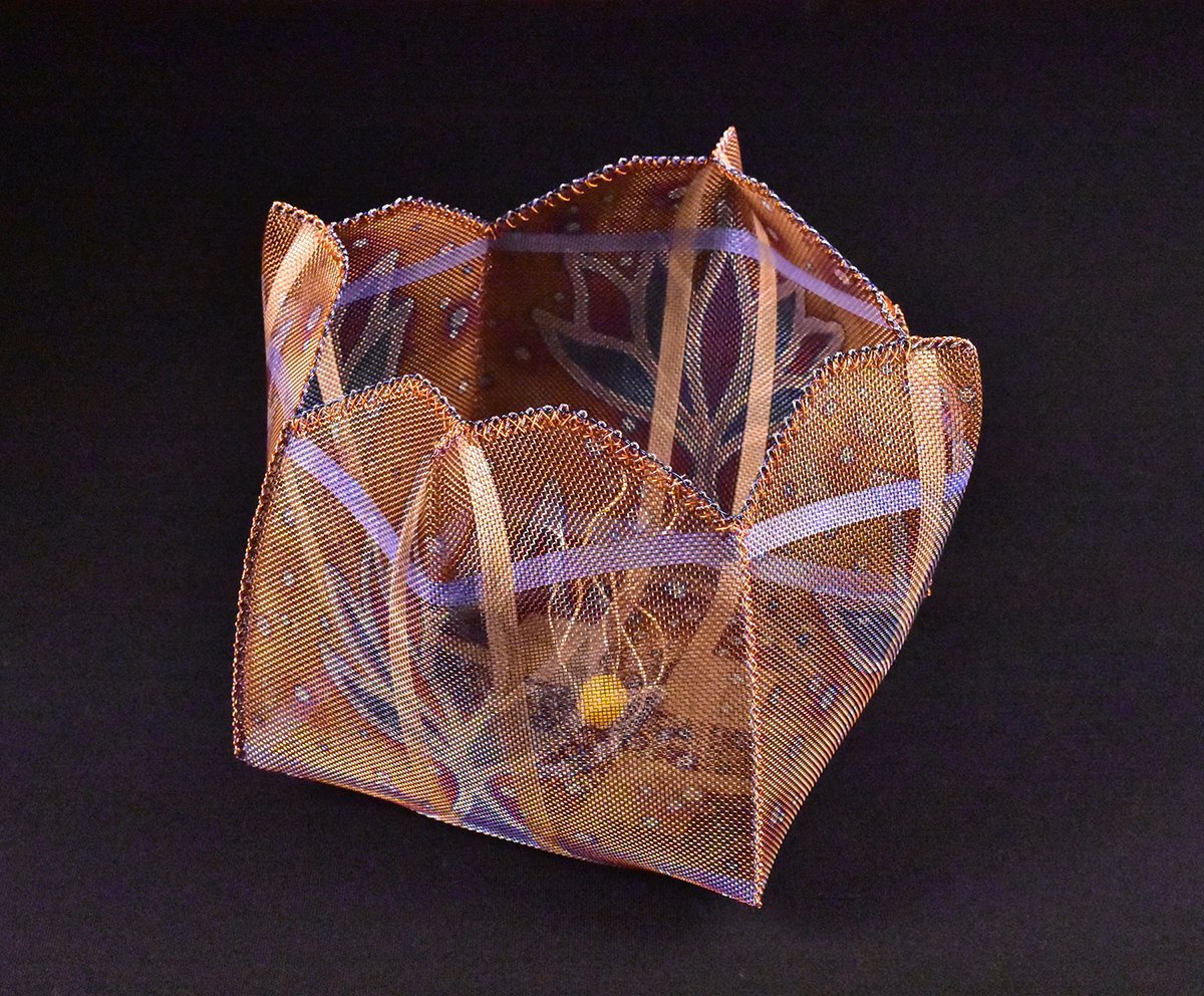 Vessel of Golden Dreams, Stainless steel mesh, wire, acrylic medium, glass frit, H7 x W9 x D9.5, $1,400